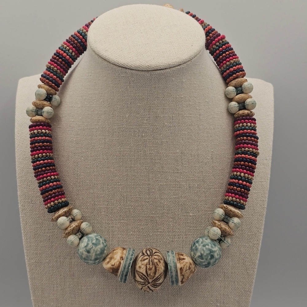 Beaded Statement Necklace Multicolor Boho Tribal Chunky Earthy - Picture 2 of 12